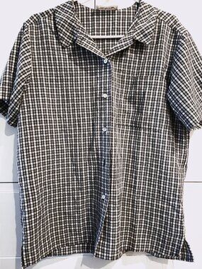 Talbots Gingham Check Black & White Button Down Blouse L Large